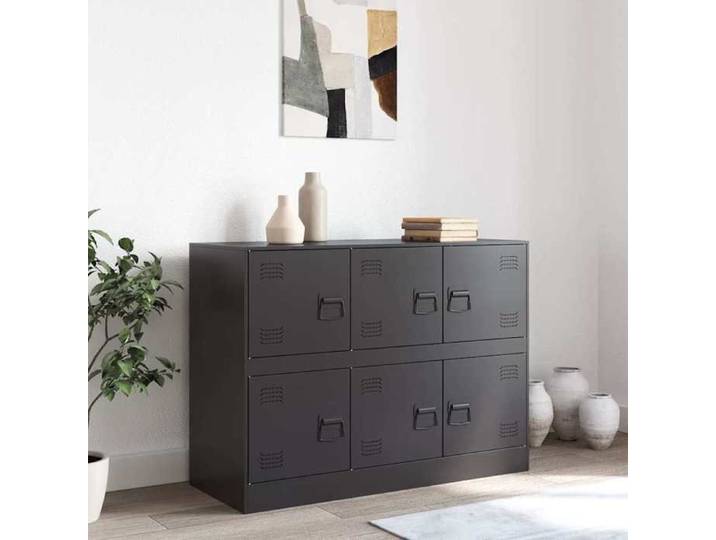 Buffet en acier - - 99x39x73 cm - Noir - Acier laminé à froid - 6 compartiments - 6 poignées en métal