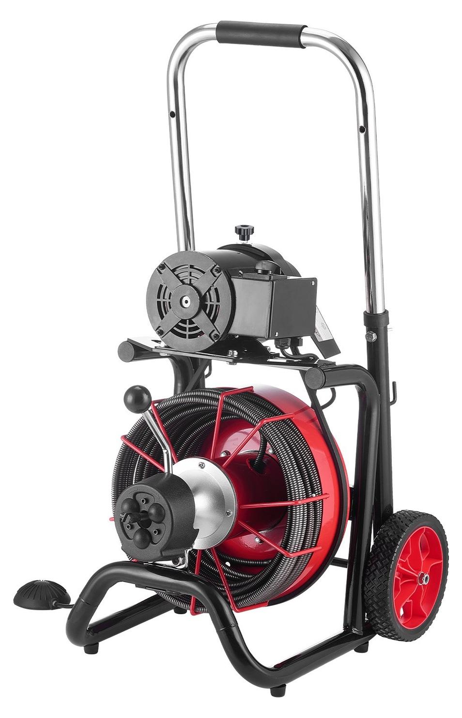 Drain Cleaner Machine 30m x 10.5mm, Auto Feed Sewer Snake Auger on Wheels - with 8 Cutters & Air-Activated Foot Switch for 50mm to 100mm Pipes