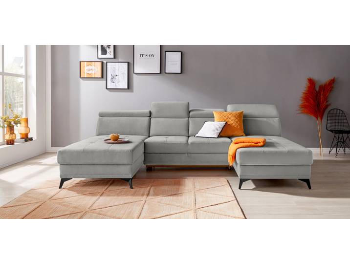Wohnlandschaft, Webstoff, Hellgrau 296×173 cm, U-Form, Kopfteilverstellung, Inosign