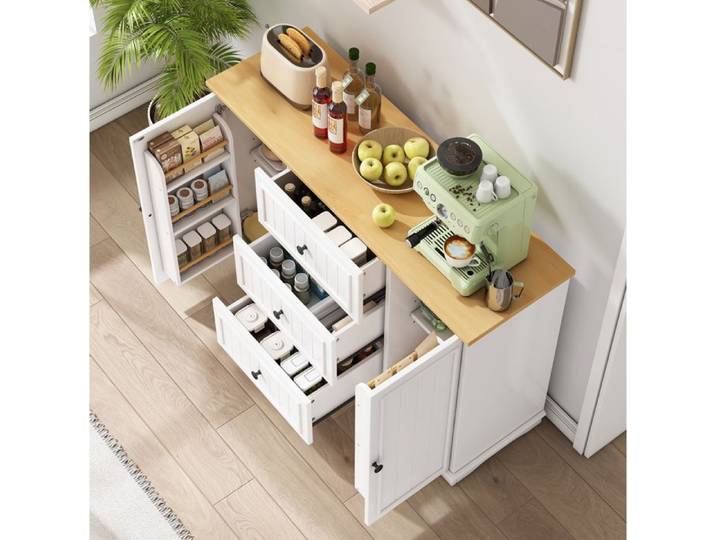 Buffet bas sideboard 3 tiroirs 2 portes rangement cuisine blanc plateau aspect bois 126x40x86 cm Grjofek