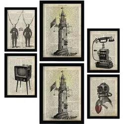 POSTER Set Mit 6 Jahrgang Vintage Papier Plakate Mit Enzyklopädie Revolutionäre Erfindungen Aus Dem Letzten Jahrhundert A3 & A4 Schwarzer Rahmen