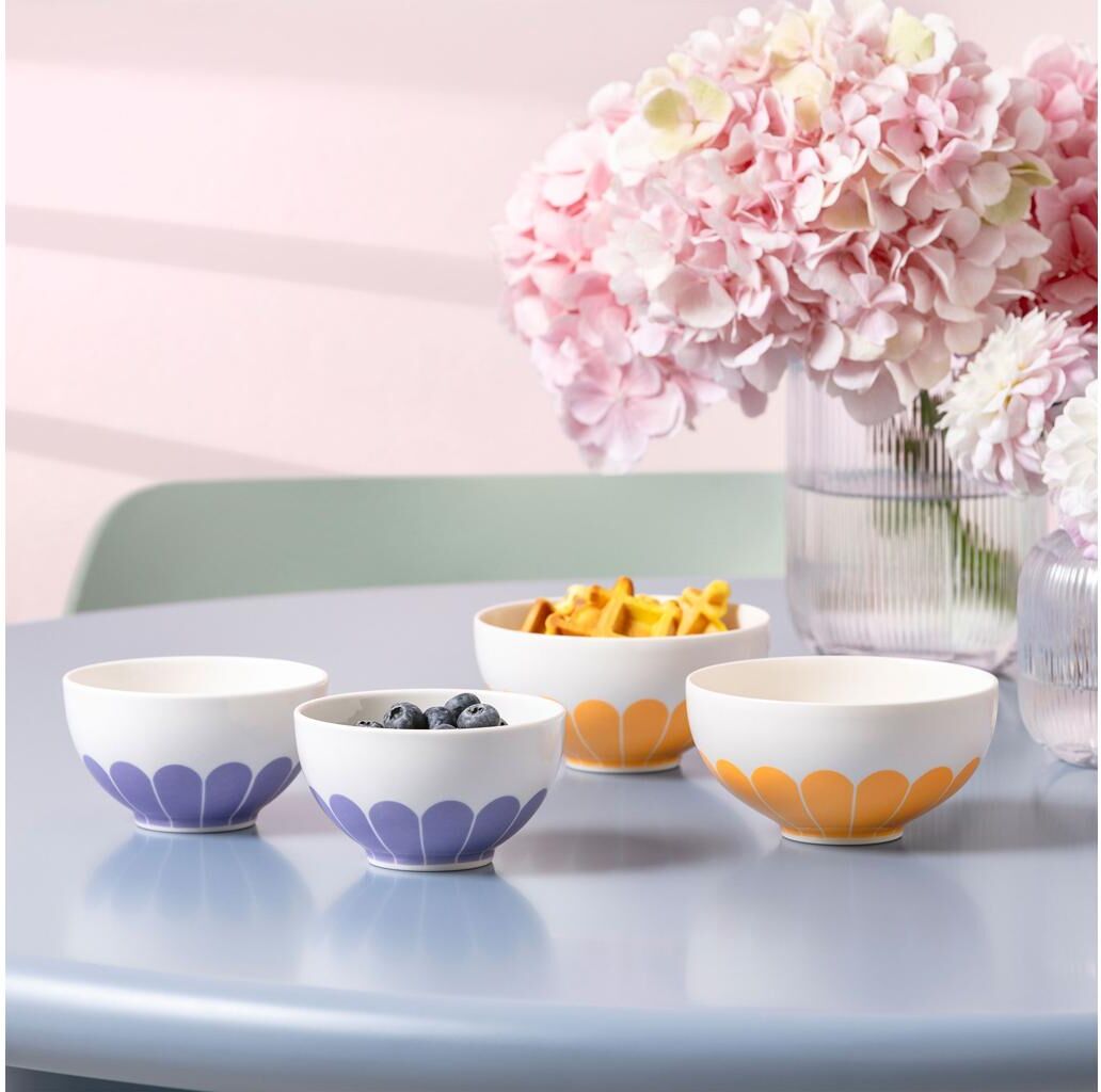 Schale VILLEROY & BOCH "Fleur Couleur 4 Stück", weiss (lila, weiß), B:11cm H:6,3cm T:11cm Ø:11cm, Porzellan, Schüsseln, Schale lila, weiß Ø 11cm