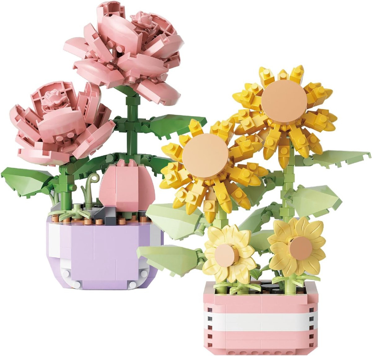 SnelShoppen Set van 2 Mini Succulenten en Bonsai Bouwblokken met 684 Kunstmatige Bloemen voor Kinderen (Rozen en Zonnebloemen)