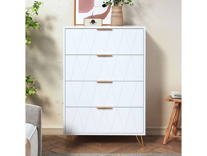 Buffet - LUMINARIX - 4 tiroirs - Blanc - Design minimaliste - Dispositif anti-basculement