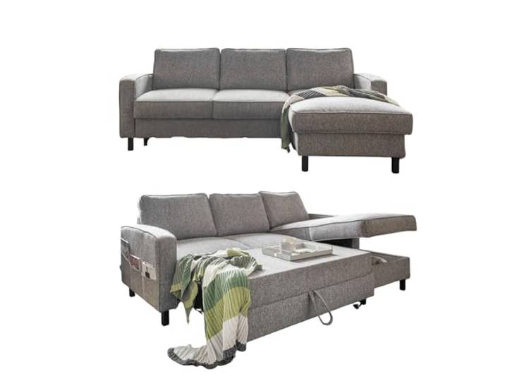 MIUFORM Molly S mit Bettkasten limitierter Polsterstoff 4 Sitzer Ecksofa L-Form rechts 228 x 148 x 88cm Couch Klappsofa mit Schlaffunktion Schlafsofa klappbar (Dunkelgrau)