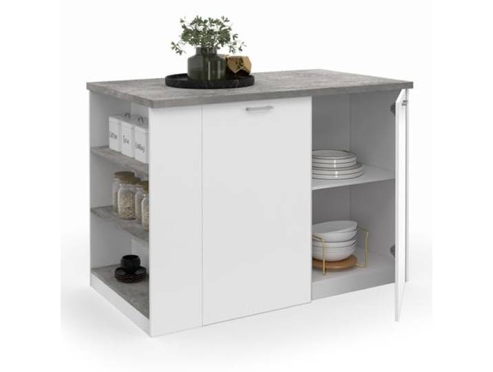 IDMarket - Mittelinsel TIBO 120 cm weißes Holz mit Arbeitsplatte in Betonoptik
