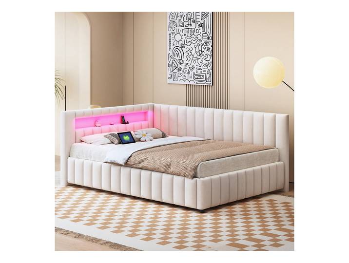 Flieks Daybett, Polsterbett Schlafsofa 140x200cm mit LED Beleuchtung USB-Ladeanschluss