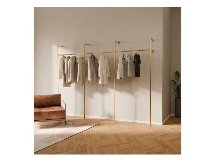 pamo. design Kleiderständer KIM Kleiderstange Wandmontage, offener Kleiderschrank, Kleiderständer, Goldener Garderobenständer im Industrial Design für Kleidung