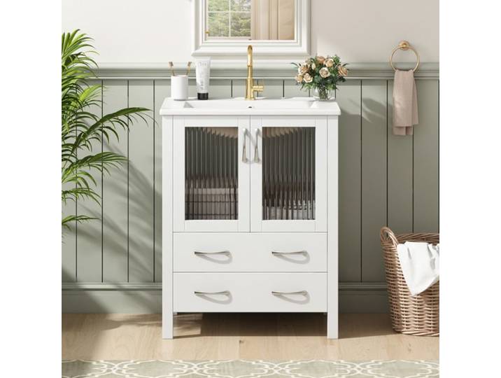 HOMVRA Meuble sous vasque 61 cm blanc brillant avec vasque céramique verre nervuré 2 tiroirs