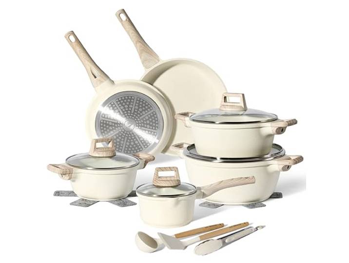 JUST PERFECTO Topf und Pfannenset Induktion - Pfannenset mit deckel - Induktions Töpfe Set - Töpfe und pfannen set ohne PTFE und PFOA - Kochtopfset induktion (15-Teilig Beige)