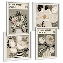 BILDER SET 4er Set - 50x50 cm & 40x60 cm Weißer Rahmen - Retro-Blumenmuster aus verschiedenen Städten