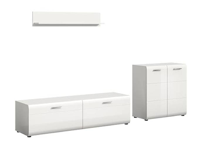 xonox.home – Wohnkombination Ice 255x160x41 cm in Front weiß Hochglanz Korpus weiß – Modernes Wohnwand-Set für Dein Wohnzimmer und Wohlbedinden – stilvoll, hell & praktisch