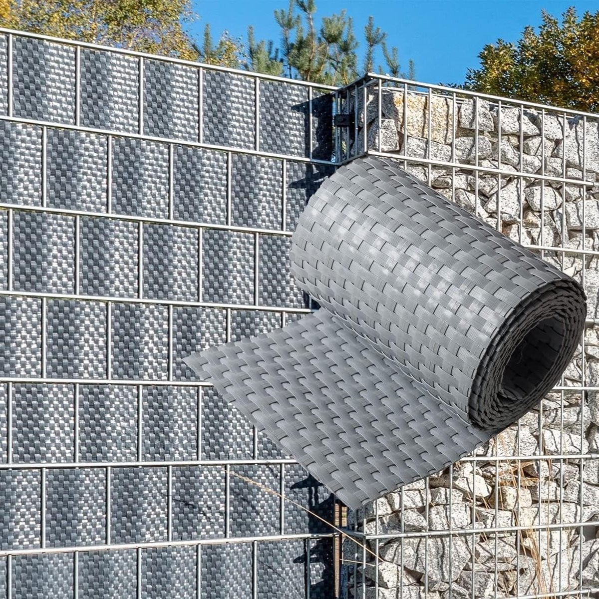 5 Rollen Polyrotan Zichtstroken Lichtgrijs voor Dubbelstaafmatten Hek - 12,75m Inkijkbescherming