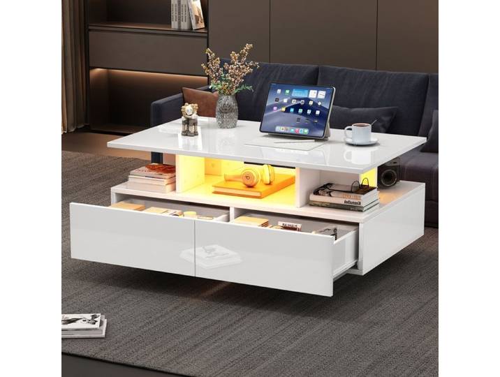 Table basse avec LED et 2 tiroirs Meubles de salon Rangement moderne Table d'appoint 90x55x41cm Blanc brillant