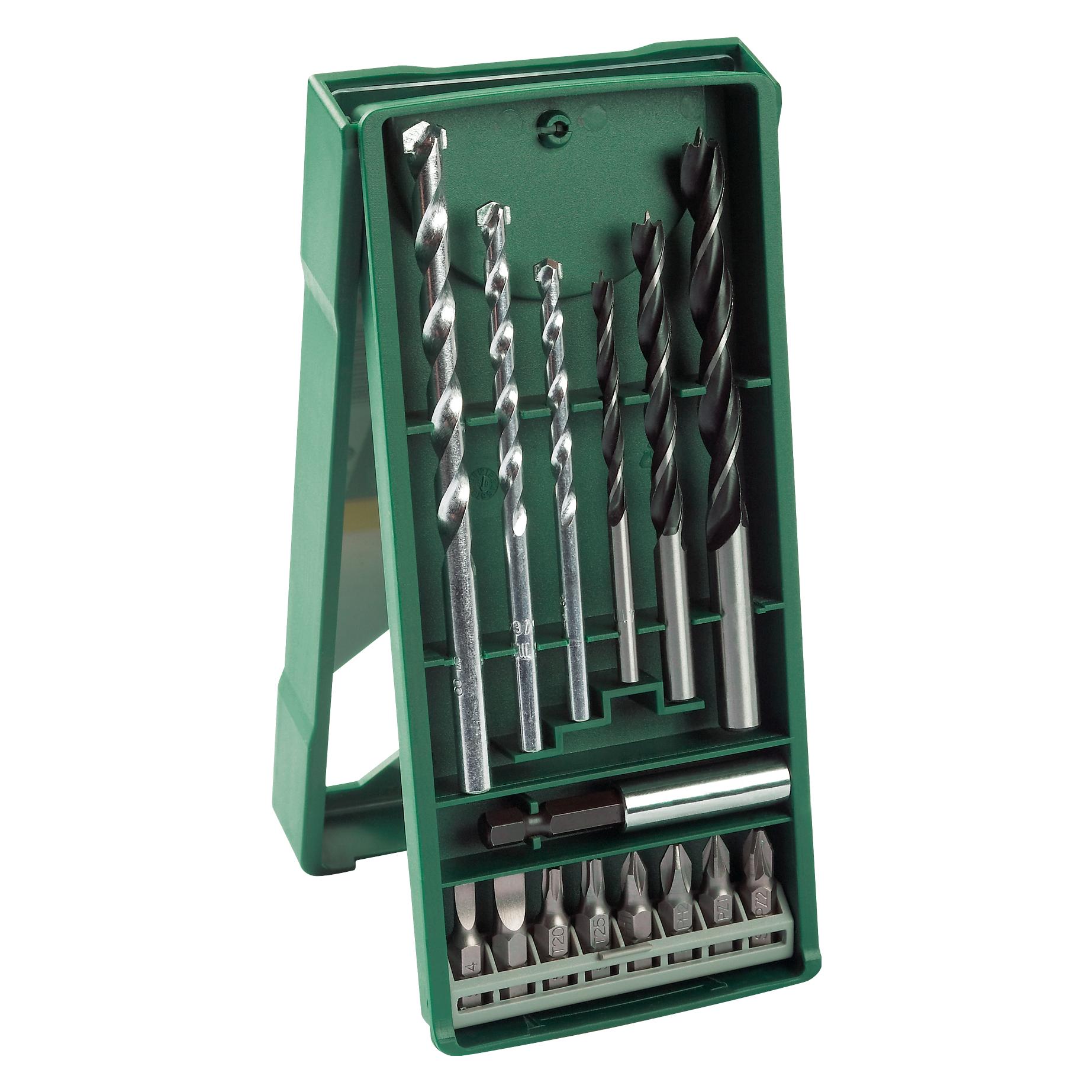 Bosch Zubehör Mini-X-Line Mixed-Set, 15-teilig, 3 Stein-, 3 Holzbohrer, 8 Schrauberbits (2607019579)