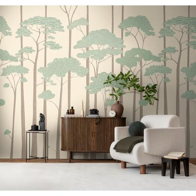 Vliestapete LIVING WALLS "Fototapete Grafischer Wald", beige (grün, braun, beige, weiß), B:371m, Vlies, Tapeten