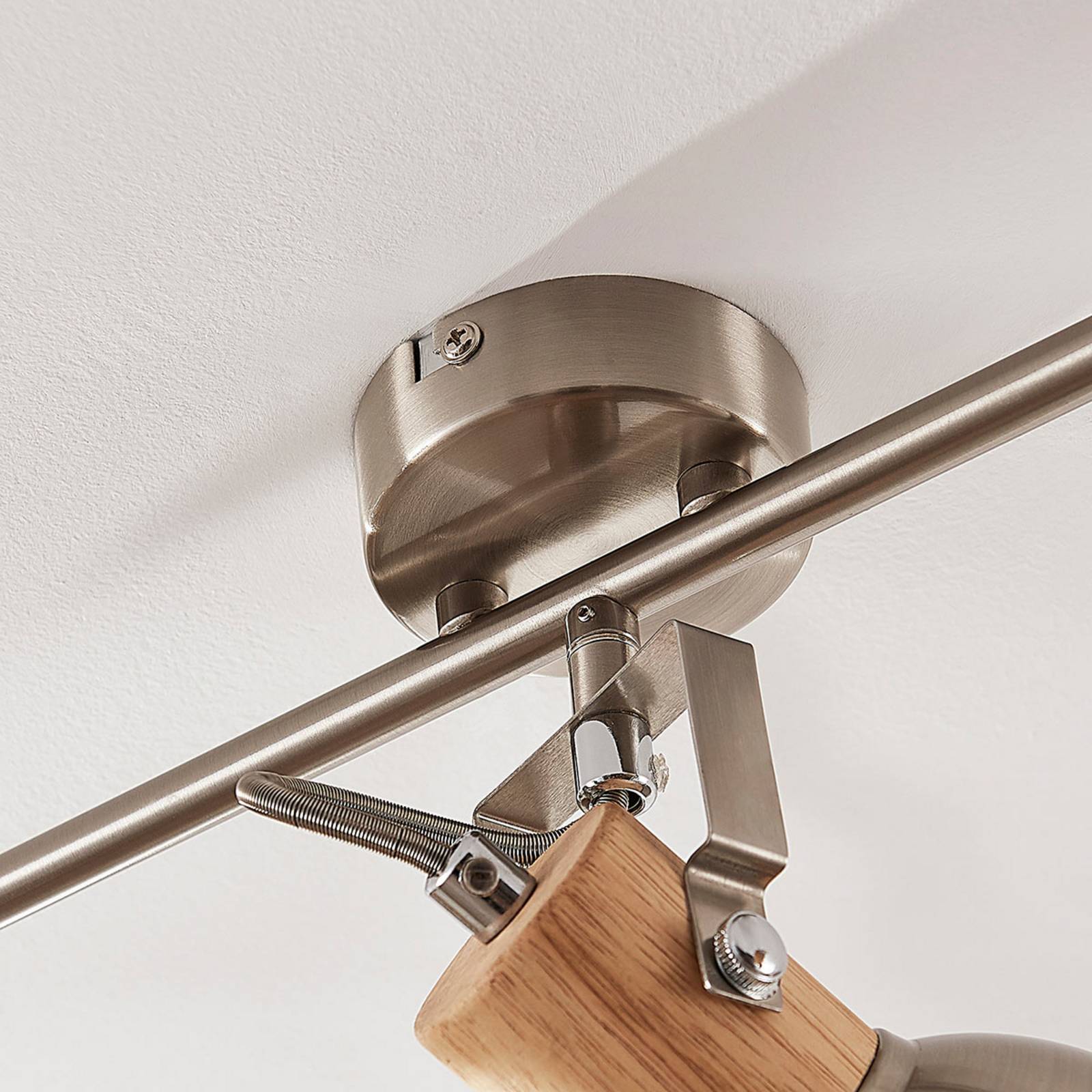 Dennis ceiling light with wood, 3-bulb, long Lindby, dimmable, Alu / grey / zinc, Kitchen, metal, Modern, Ceiling Light