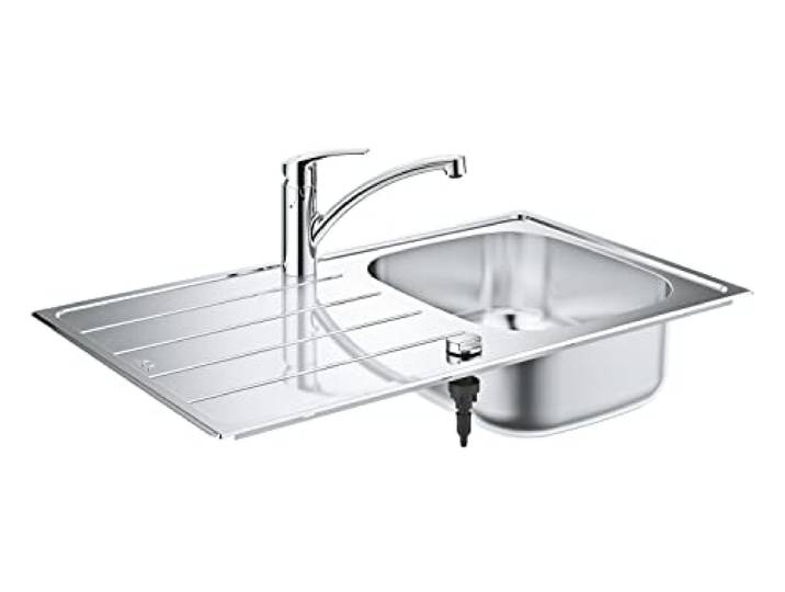 GROHE K200, Set Küchenspüle + Armatur, 140° schwenkbar, einfache Montage Geräuschreduzierung Whisper, Ablauf mit Exzenterbedienung, hochwertige Keramikkartusche, GROHE Zero (edelstahl, 31565SD1)