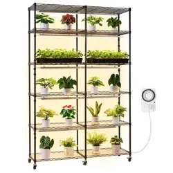 VEVOR Pflanzenregal mit Wachstumslicht, 6-stufiger doppelreihiger Pflanzenständer für Zimmerpflanzen mit Rädern & Timer, 200-W-Vollspektrum-Lichter, Blumenregal für Samenanzucht, 120x35x180cm
