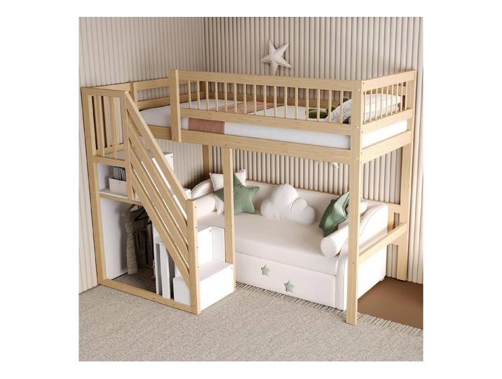 LuxusKollektion Stauraumbett Kinderbett Hochbett 90x200 Natur mit Treppe