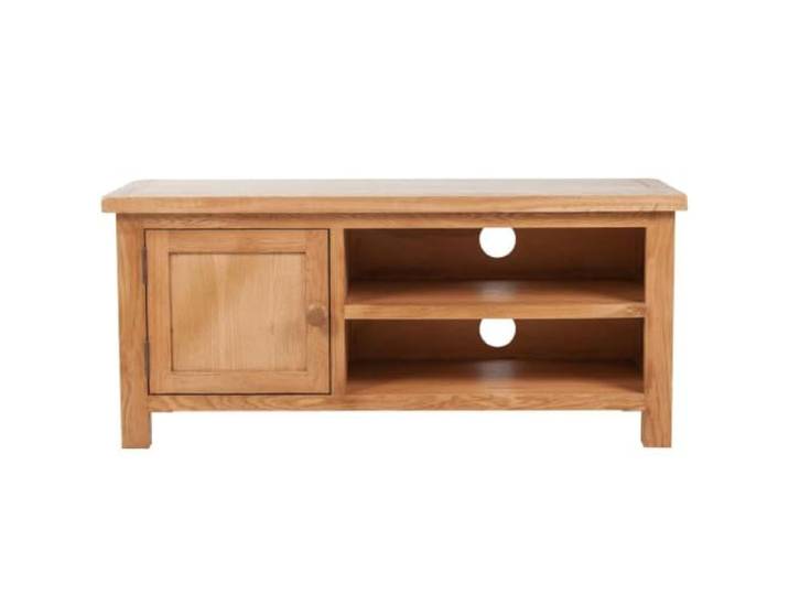 GKHPYURE TV-Schrank 103 x 36 x 46 cm aus massivem Eichenholz, Braun Eiche massiv, MDF Furnier, Sperrholz, Braun, 2 Kabeldurchführungen, Schrank mit 2 Einlegeböden, 2 offene Einlegeböden,