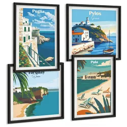 BILDER SET 4er Set - 50x50 cm & 40x60 cm Schwarzer Rahmen - Touristische Küstenlandschaften
