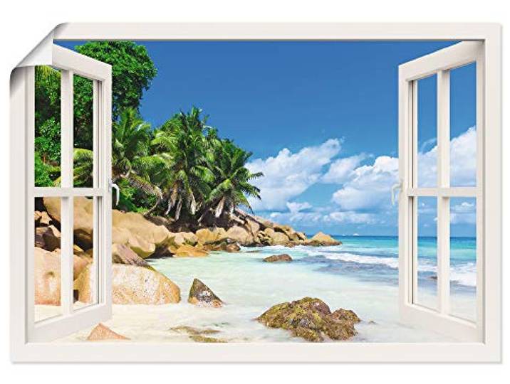 ARTLAND Wanddeko Poster & Kunstdrucke Wandposter 130x90 cm Querformat Fensterblick Strand Karibik Meer Palmen Südsee Natur U1UC