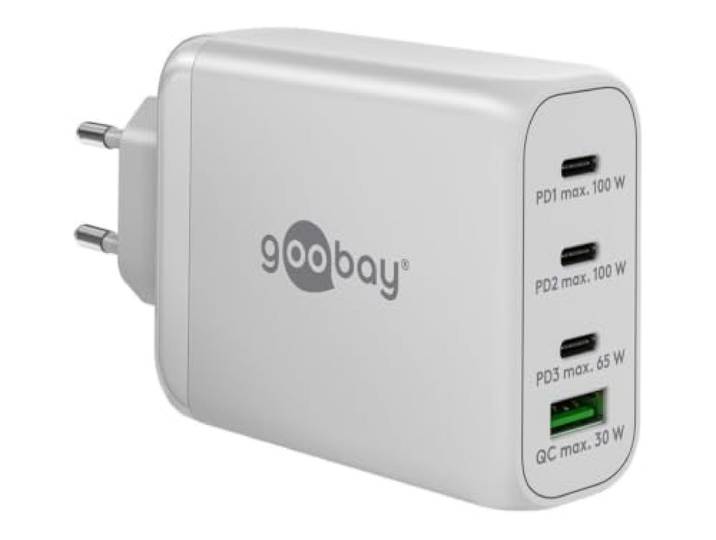 goobay 65556 Multiport Power Delivery USB C 100W oplader, compacte ultrasnelle voeding voor 4 apparaten, Quick Charge USB-aansluiting, wit