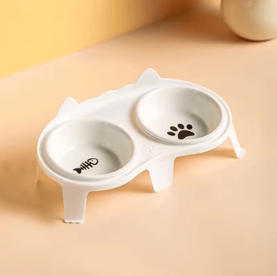 Inspire Picks Elevated Ceramic Double Cat Bowl Slanted Food & Water Feeding Set For Cats white