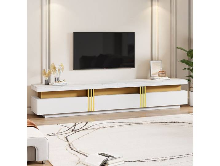Meuble TV 200cm effet marbre blanc 3 tiroirs gestion câbles pour écran 90'' design moderne charge 30kg