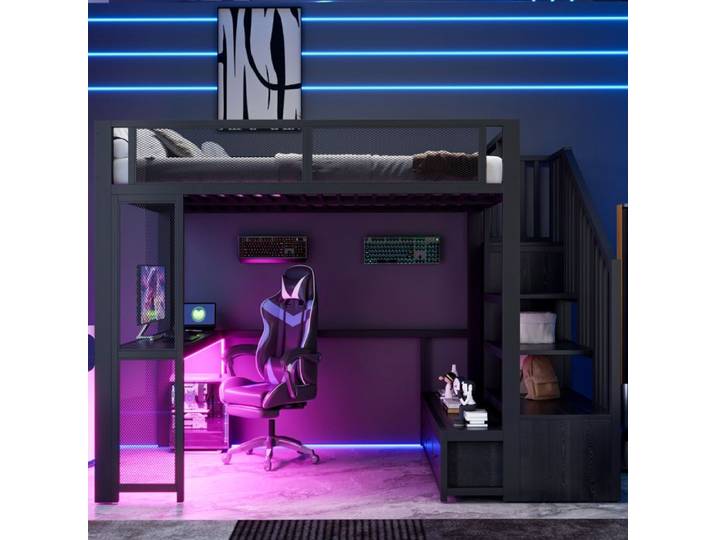 Lit mezzanine - ZEVKOR - Lit Mezzanine Enfant 2 places 140×200 cm - Bureau intégré - 3 tiroirs - LED & USB