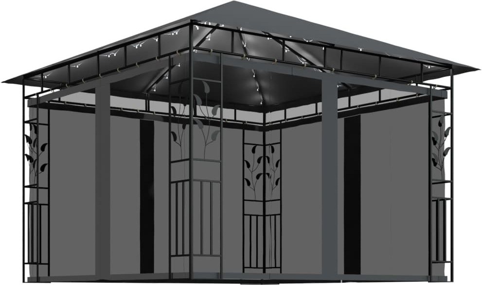 Pavillon mit Moskitonetz & LED-Lichterkette 3x3x2,73m Anthrazit