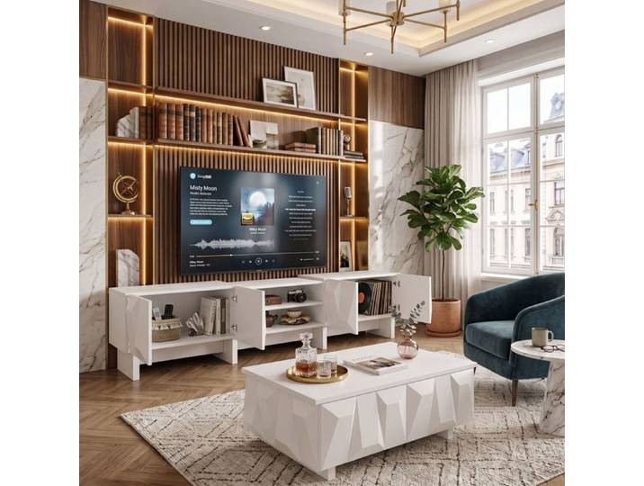Ensemble Meuble TV 180 cm et Table Basse 95 cm Grand Rangement Design Soigné Relief 3D 7 Portes et Passe-Câble
