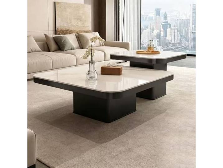 Couchtisch Set,Moderner Quadratischer Wohnzimmertisch mit Sintersteinplatte und Eisenrahmen,Satztische mit 2 Unterschiedlichen Höhen,Minimalistischer Sofatisch für Wohnzimmer G