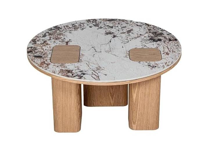 DRW Couchtisch aus Keramik mit Beinen aus Naturholz, Weiß und Schwarz, 80 x 80 x 41 cm