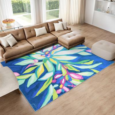 Empire Art Direct Blue Tropics I, Hand Washable Flowers Art Area Rug, power-loomed, 100% polyester, 2mm pile, non-slipping back