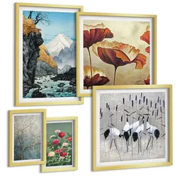BILDER SET 5er Set - 50x50 cm & 20x30 cm & 40x60 cm Goldrahmen - Tropische Pflanzen, Pflanzenliebhaberin