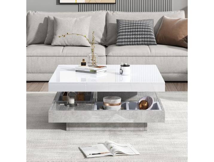 Table basse double pivotante blanche brillante avec rangement effet marbre