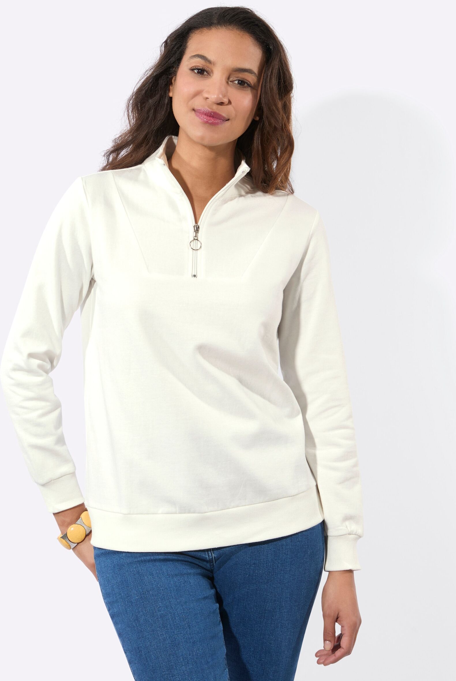 Sweatshirt WITT "Sweatshirt Sweatshirt mit Troyerkragen", Damen, Gr. 42, ecru, Sportlich, Sweatshirts Sweatshirt