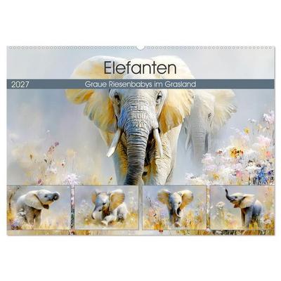 Elefanten. Graue Riesenbabys im Grasland (Wandkalender 2027 DIN A2 quer), CALVENDO Monatskalender