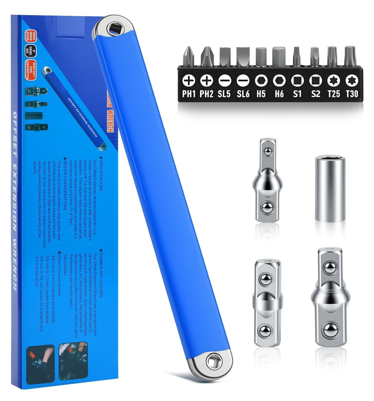Professionele Schroefwerk Offset Sleutelset met Adapters en Bits