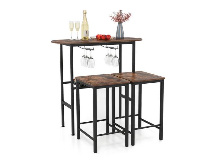 COSTWAY Bartisch (3-St), Bartisch Holz mit Hocker 2er Set, Küche