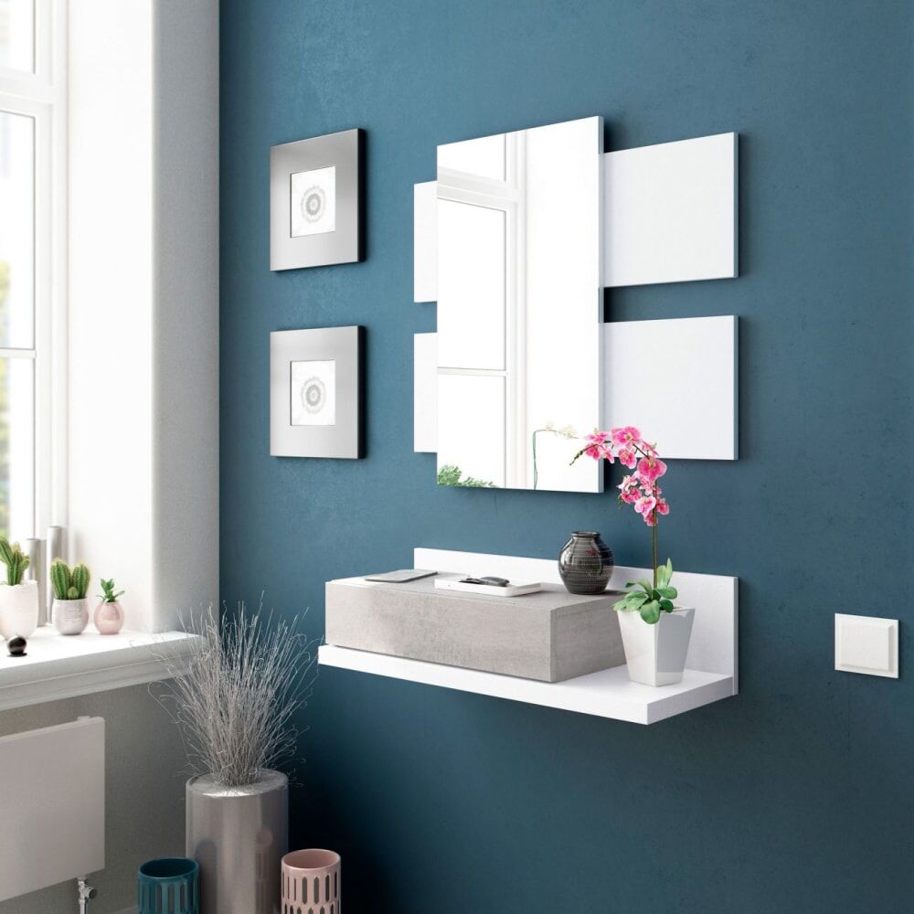duehome Mueble recibidor con 1 cajón y espejo 75 cm blanco cemento