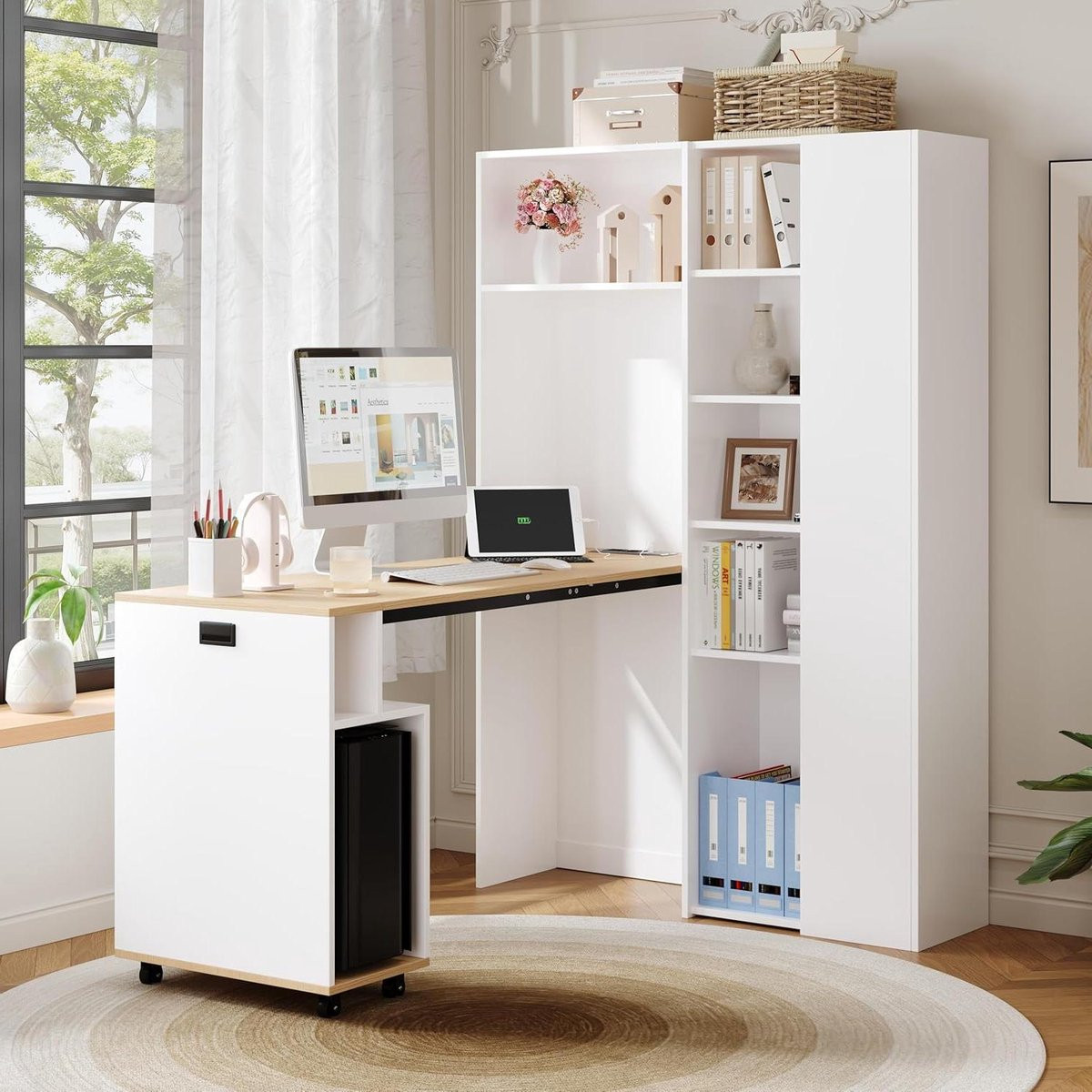 Inklapbaar bureau met boekenkast en USB-aansluiting, wit, 104.5 x 160 cm