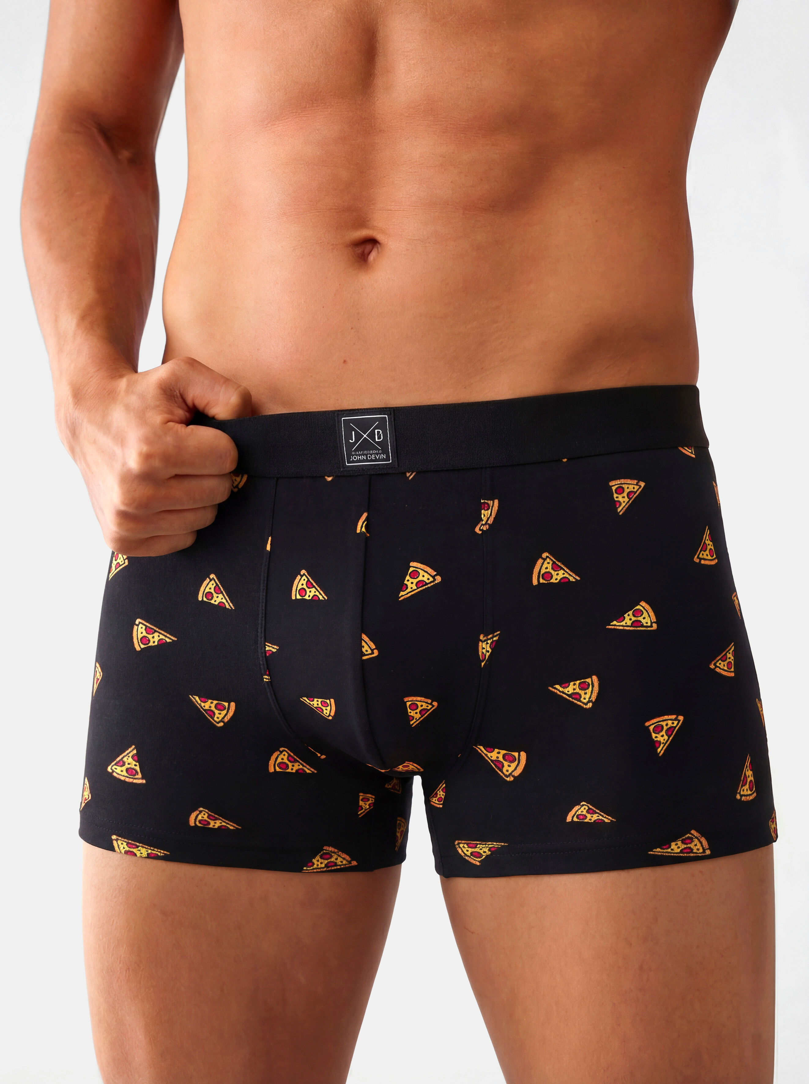Boxer JOHN DEVIN "Boxershorts für Herren", Herren, Gr. XL (7), 3 Stk., bunt (pizza, bedruckt, rot, grau), Jersey, Obermaterial: 95% Baumwolle, 5% Elasthan, bedruckt, unifarben, körpernah, Unterhosen Boxer, aus weichem Jersey-Material, teils lustig bedruck