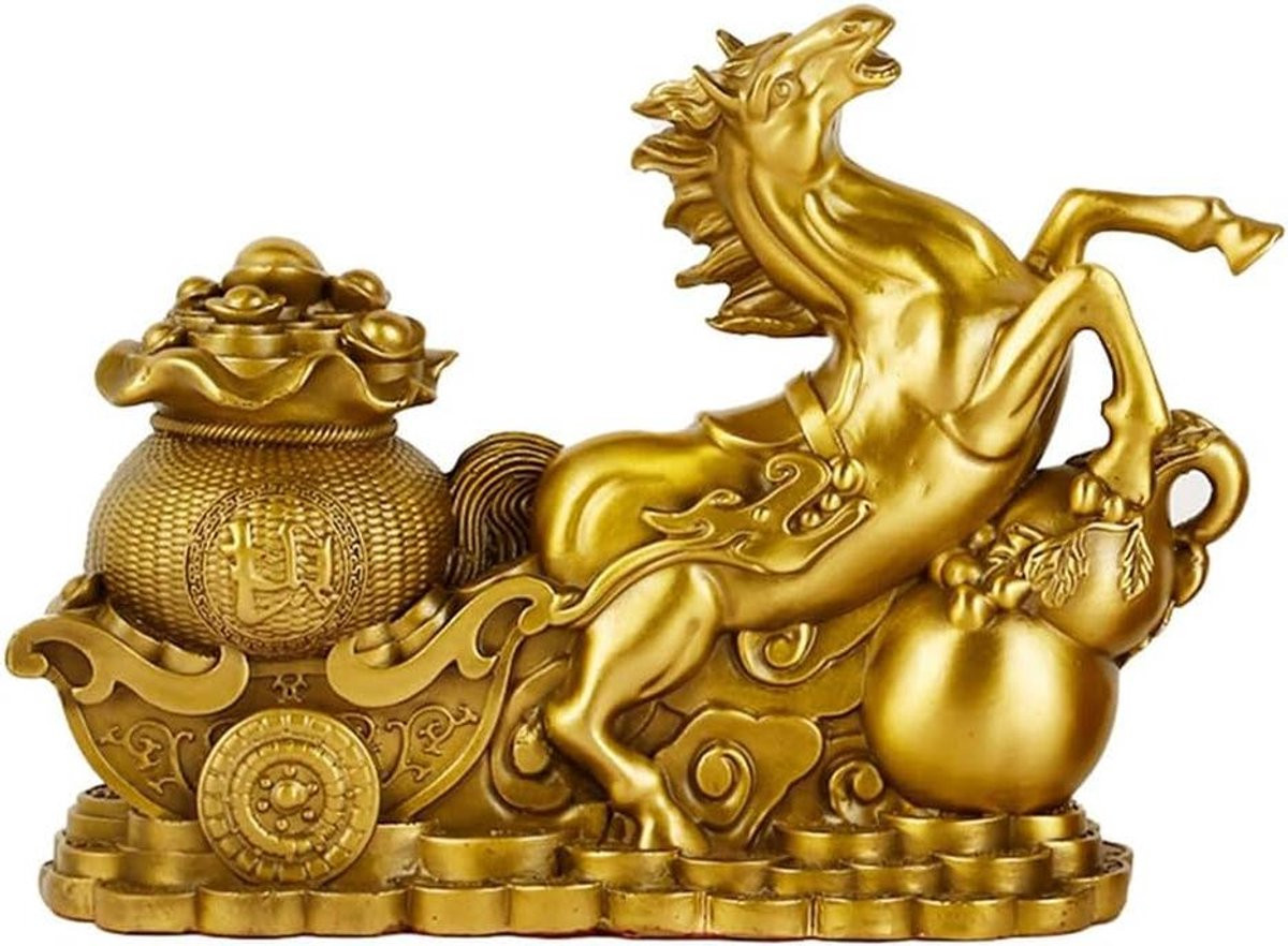Handgemaakt Messing Paardenbeeld - Goudkleurige Feng Shui Decoratie - B/D/H: 13 x 4 x 10 cm