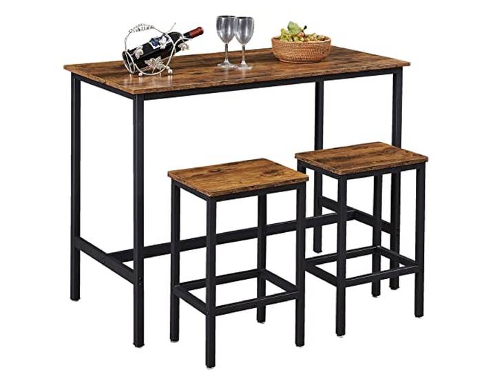 BAKAJI Hoher Tisch mit 2 Hockern, versenkbare Stühle für Esszimmer, Wohnzimmer, Küche, modernes Industriedesign, Gestell aus schwarzem Metall, Tischplatte und Sitzfläche aus MDF-Holz und-Sitzfläche