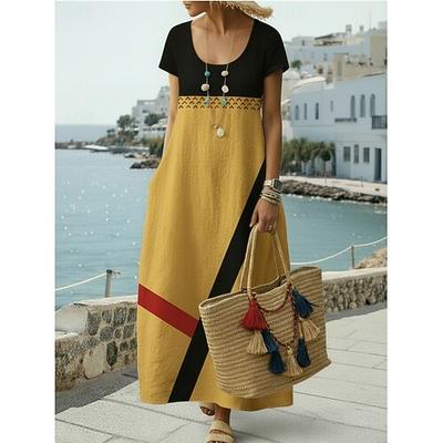 Damen Maxikleid Freizeitkleid Vintage Täglich Outdoor Strand Lässiger Schnitt Geometrisch Kurzarm Rundhalsausschnitt Gelb Rosa Orange Khaki Sommer Frühling