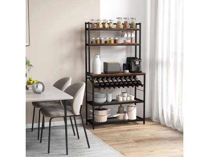 Étagère de Cuisine à 6 Niveaux 90x35x165CM-GOPLUS-avec Casier Incliné pour 10 Bouteilles-Charge du Plateau 55KG-Marron