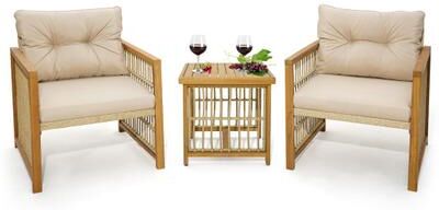 Costway 3 Pieces Patio PE Wicker Conversation Set with Acacia Wood Frame and Cushions-Beige